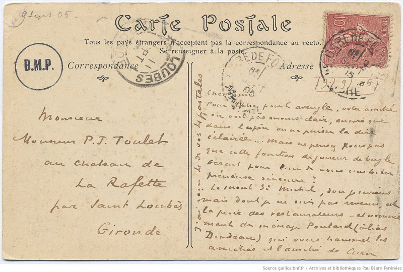 Carte postale ancienne Curnonsky à Toulet 9 sept 1905