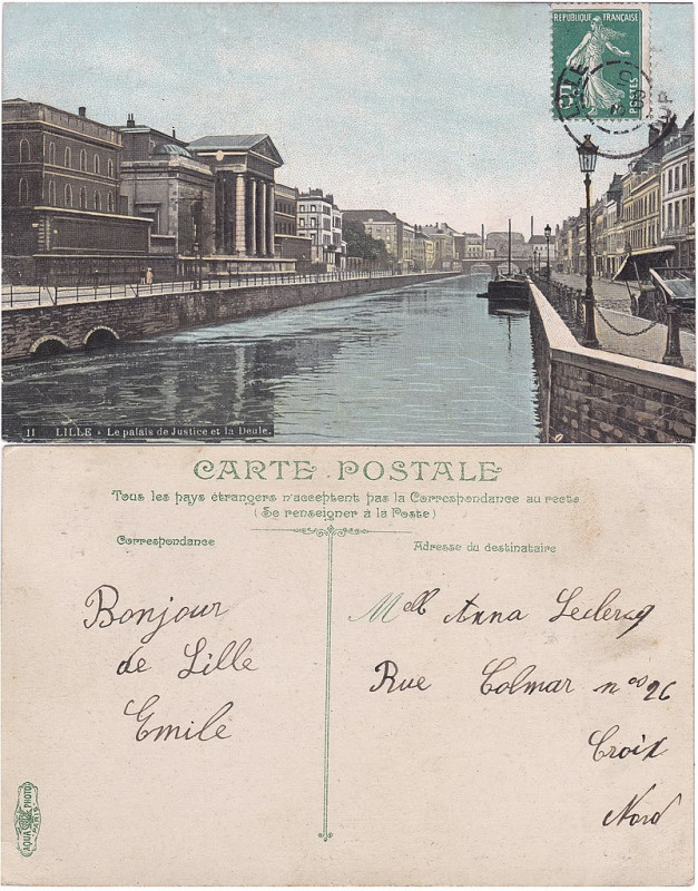 Carte postale ancienne 11. Lille — Le Palais de Justice et la Basse Deûle vº-rº à Lille