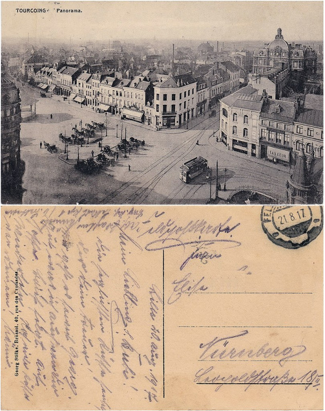 Carte postale ancienne Panorama de la Grand'Place vers l'Hôtel de Ville à Tourcoing