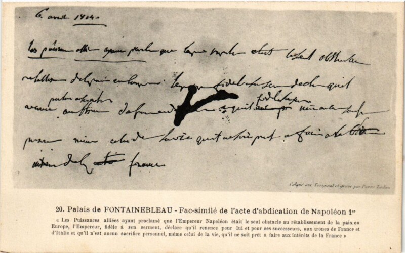 Carte postale ancienne Palais de Fontainebleau Fac-simile de l'acte d'abdication de N.I. à Fontainebleau