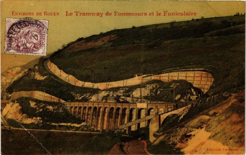 Carte postale ancienne Rouen-Le Tramway de Ponsecours et le Funiculaire à Rouen