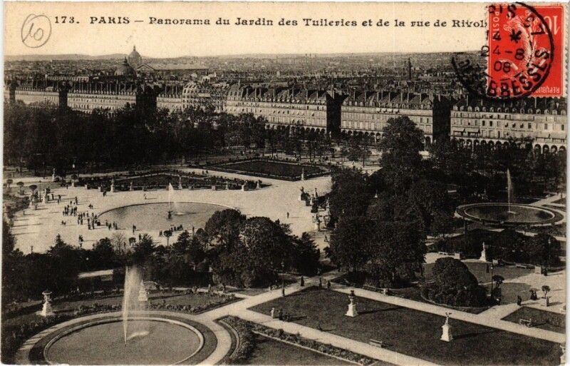 Carte postale ancienne Paris (1e) - Jardin des Tuleries et rue de Rivoli - Panorama à Paris 1er