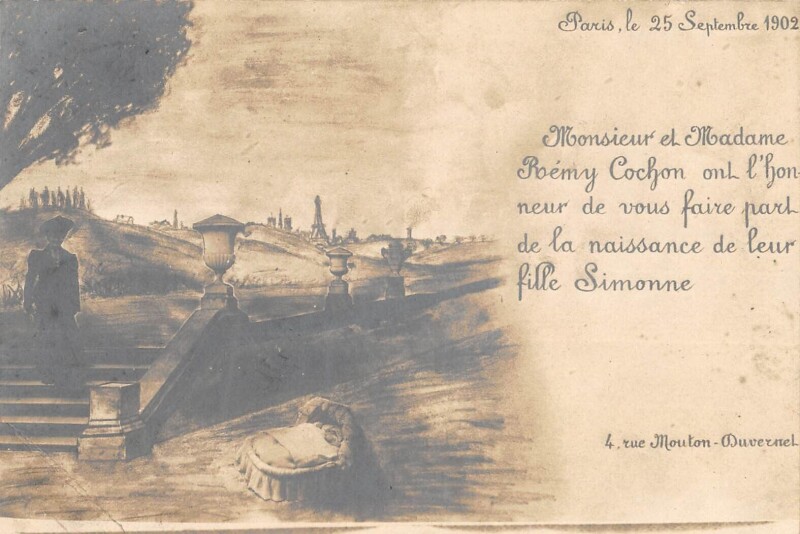 Carte postale ancienne Faire-part de naissance - Rue Mouton-Duvernet à Paris 14e