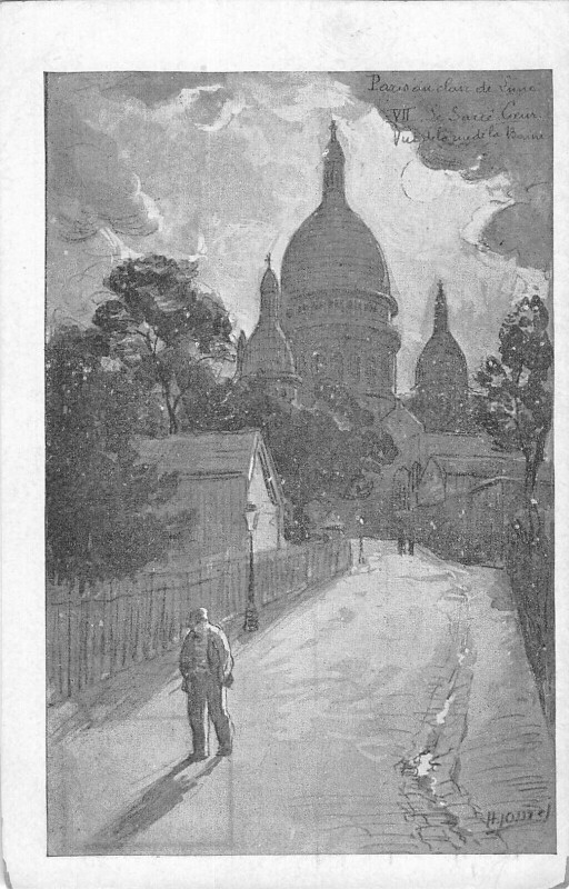 Carte postale ancienne Le Sacré-Coeur vu de la Rue de la Bonne à Paris 18e