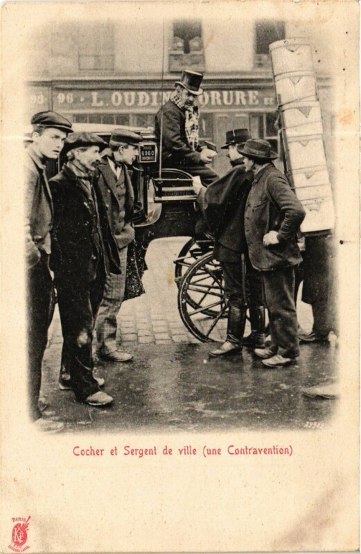 Carte postale ancienne Paris Cocher et ergent de ville. Une Contravention à Paris 11e