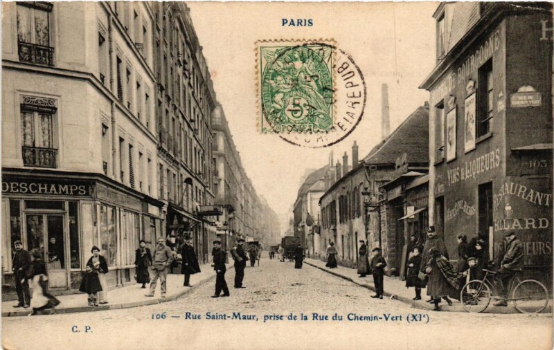 Carte postale ancienne Paris (11e) Rue Saint-Maur. prise de la Rue du Chemin-Vert à Paris 11e