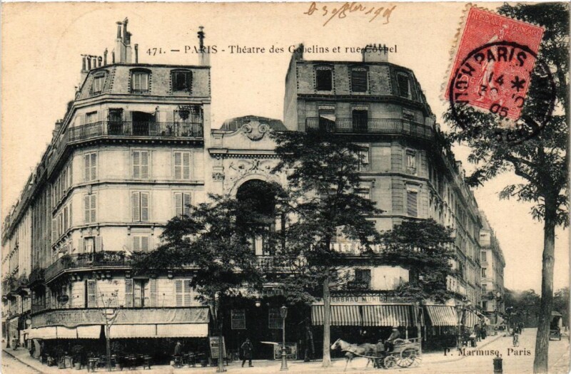 Carte postale ancienne Paris (13e) theatre des Gobelins. et rue Coypel à Paris 13e