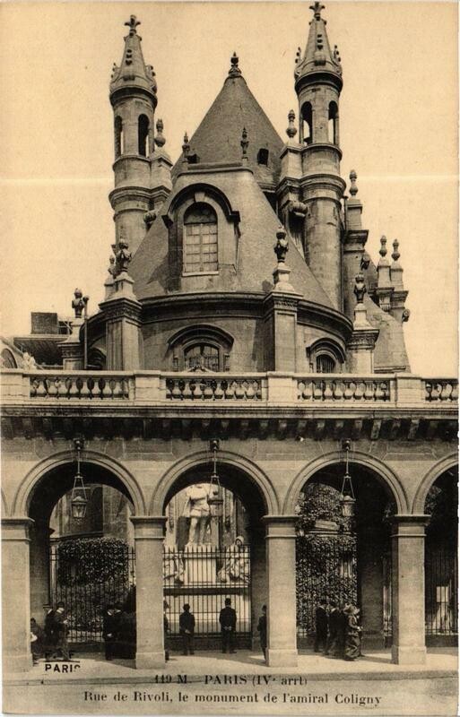Carte postale ancienne Paris 4e Rue de Rivoli, Monument de lAmiral Coligny F. Fleury à Paris 4e