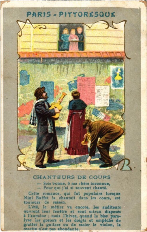 Carte postale ancienne Paris Petits Metiers Chanteurs de Cours