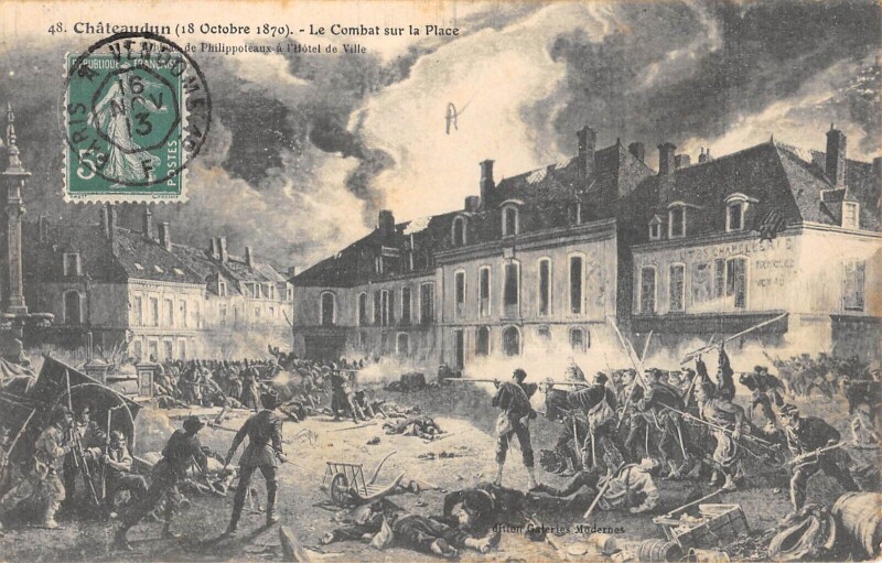 Carte postale ancienne Chateaudun 1870 Le Combat Sur La Place