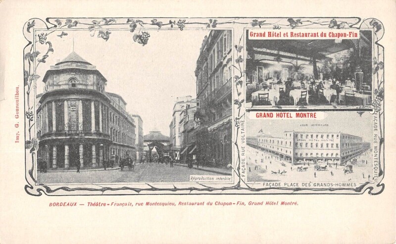 Carte postale ancienne Bordeaux Theatre Francais Rue Montesquieu Restaurant Du Chapon Fin à Bordeaux