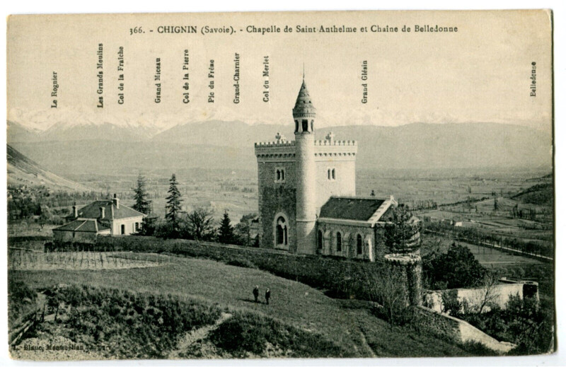 Carte postale ancienne Savoie Chignin Chapelle de Saint-Anthelme et Chaîne de Belledonne à Chignin
