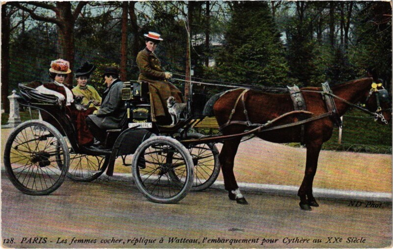 Carte postale ancienne Les femmes cocher, réplique à Watteau, l'embarquement pour Cythère au XXe Siècle à Paris 16e