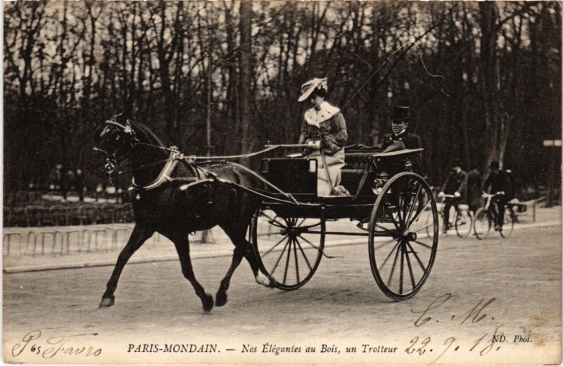 Carte postale ancienne Paris-Mondain - Nos Elégantes au Bois, un Trotteur à Paris 16e