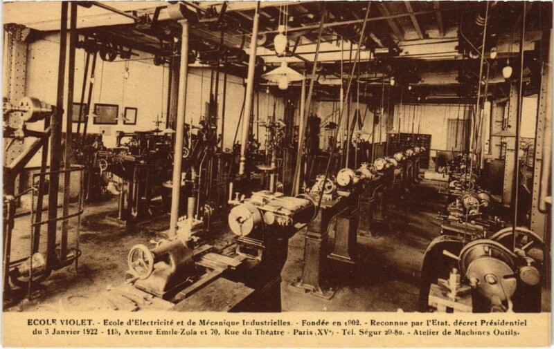 Carte postale ancienne Ecole Violet - Ecole d'Electricité et de Mécaniques Industrielles - Avenue Emile Zola et Rue du Théâtre - Atelier de Machines Outils à Paris 15e