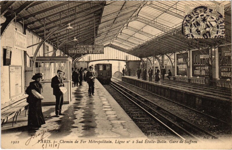 Carte postale ancienne Chemin de Fer Métropolitain - Ligne n° 2 Sud Etoile-Italie - Gare de Suffren à Paris 15e