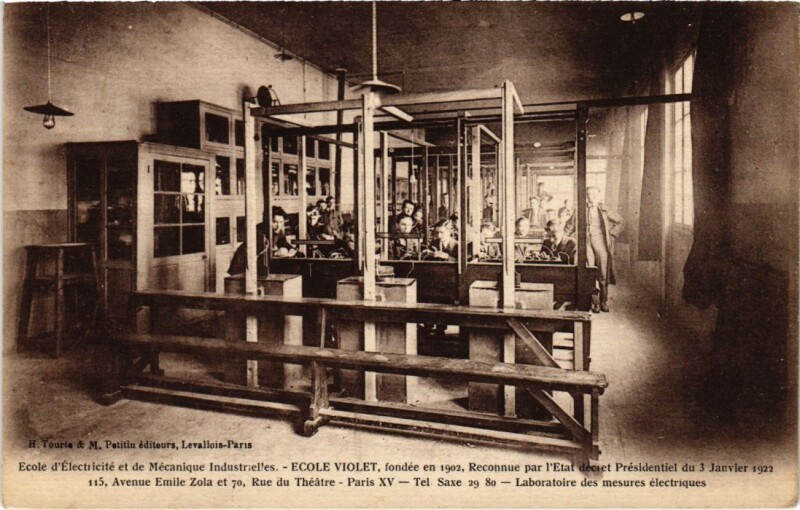 Carte postale ancienne Ecole d'Electricité et de Mécaniques Industrielles - Ecole Violet - Avenue Emile Zola et Rue du Théâtre - Laboratoire des mesures électriques à Paris 15e