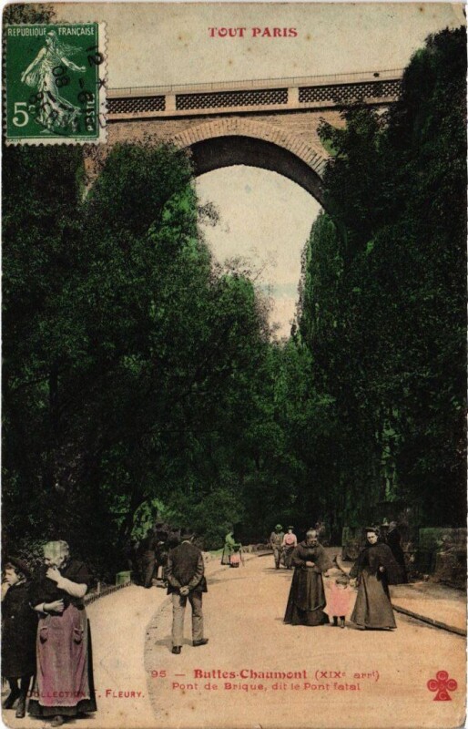Carte postale ancienne Buttes-Chaumont - Pont de Brique dit le Pont fatal à Paris 19e
