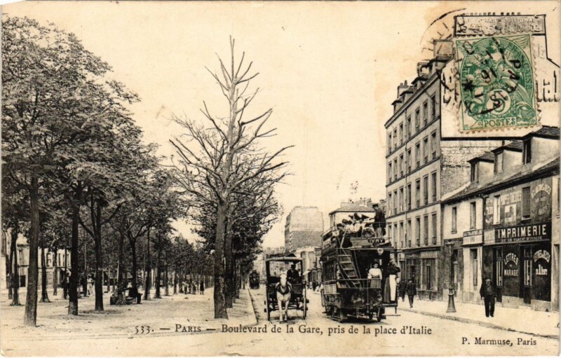 Carte postale ancienne Paris 13e Bd de la Gare place d'italie P. Marmuse à Paris 13e