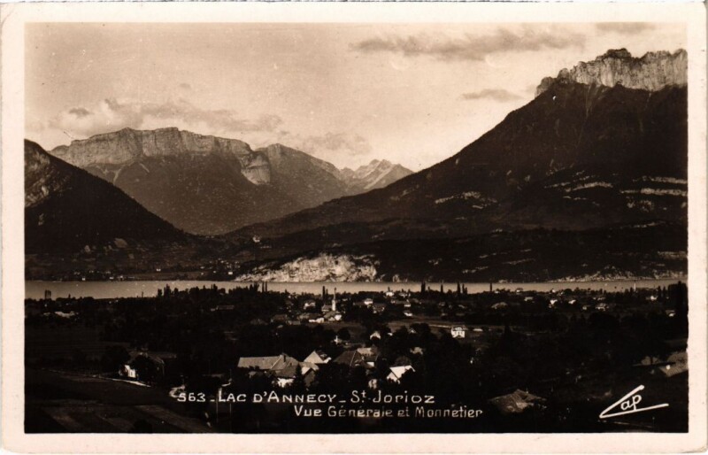 Carte postale ancienne Lac d'Annecy Saint-Jorioz vue generale et monnetier à Annecy