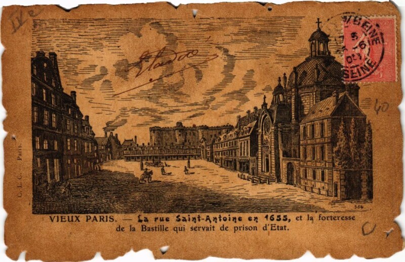 Carte postale ancienne La rue Saint-Antoine en 1655, et la forteresse de la Bastille qui servait de prison d'Etat à Paris 4e