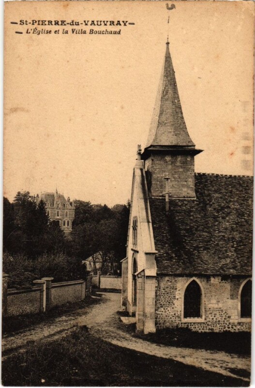 Carte postale ancienne Saint-Pierre-Du-Vauvray l'Eglise et Villa Couchaud à Saint-Pierre-du-Vauvray