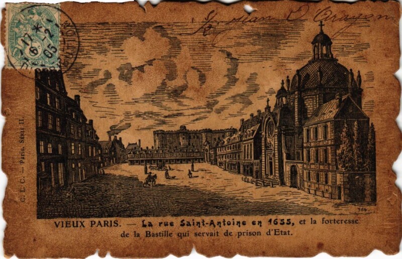 Carte postale ancienne La rue Saint-Antoine en 1655, et la forteresse de la Bastille qui servait de prison d'Etat à Paris 4e