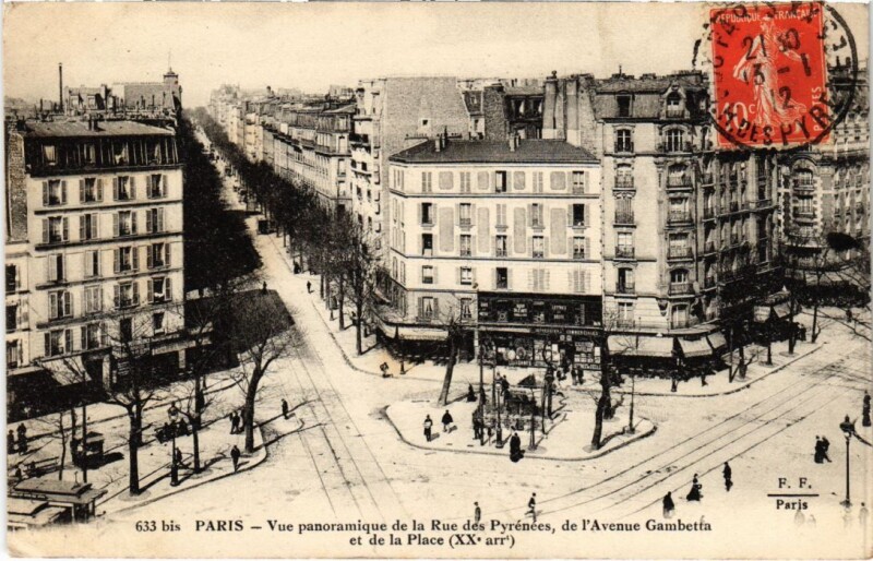 Carte postale ancienne Vue panoramique de la Rue des Pyrénées, de l'Avenue Gambetta et de la Place à Paris 20e