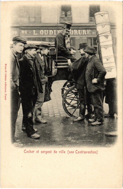 Carte postale ancienne Cocher et sergent de ville (une Contravention) à Paris 11e