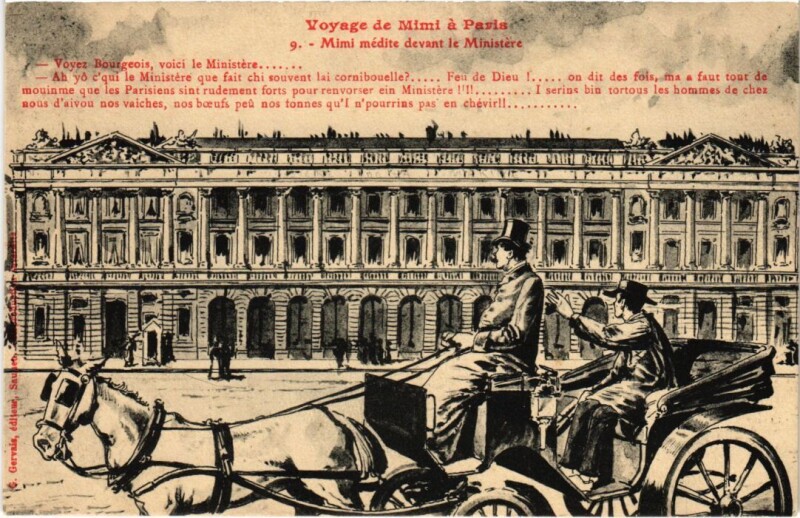 Carte postale ancienne 9 Voyage de Mimi a Paris medite devant le Ministere