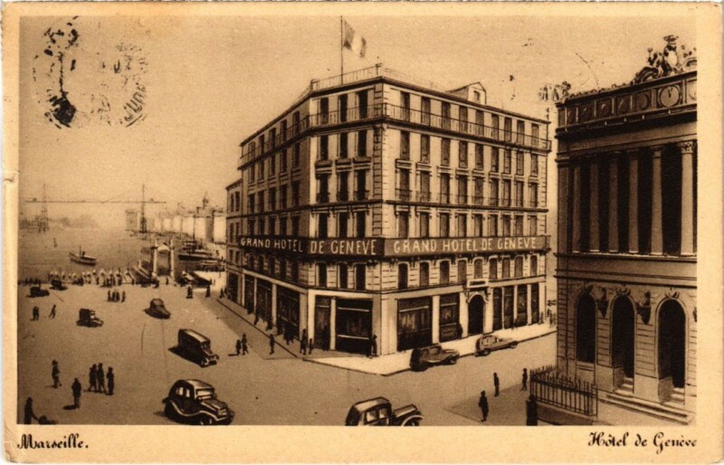 Carte postale ancienne Marseille Hotel de Geneve - Face a la Bourse et Cannebiere à Marseille