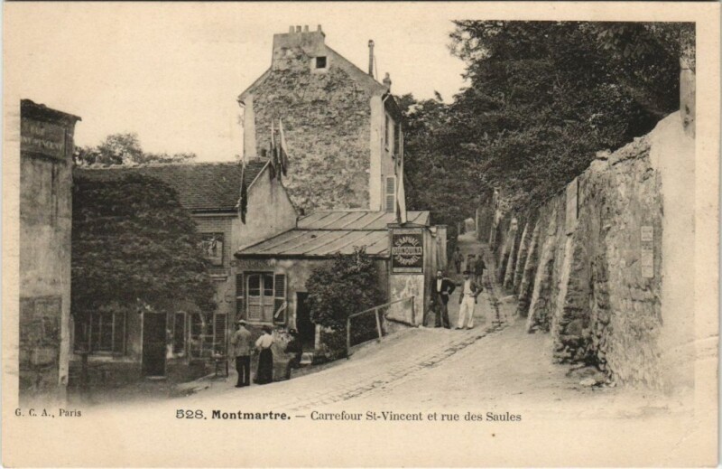 Carte postale ancienne Montmartre - Carrefour Saint-Vincent et rue des Saules à Paris 18e