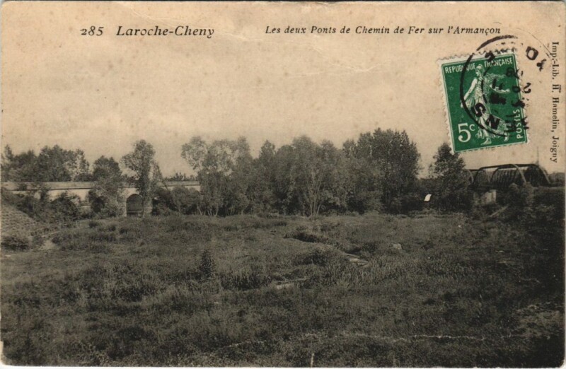 Carte postale ancienne Laroche-Cheny Les Deux Ponts de Chemin de Fer sur l'Armancon à Cheny