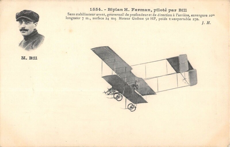 Carte postale ancienne Aviation Biplan H.farman Pilote Par Bill