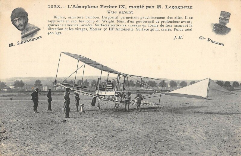 Carte postale ancienne Aviation L'Aeroplane Ferber Ix Monte Par M.legagneux Vue Avant