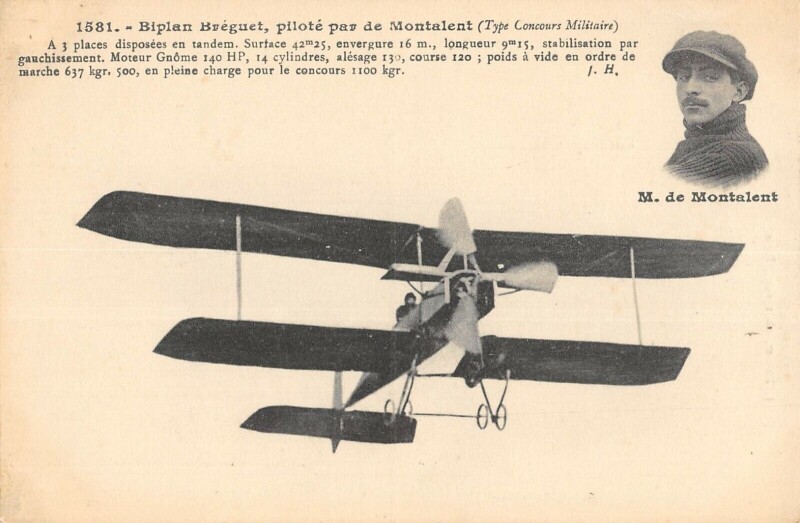 Carte postale ancienne Aviation Biplan Breguet Pilote Par De Montalent