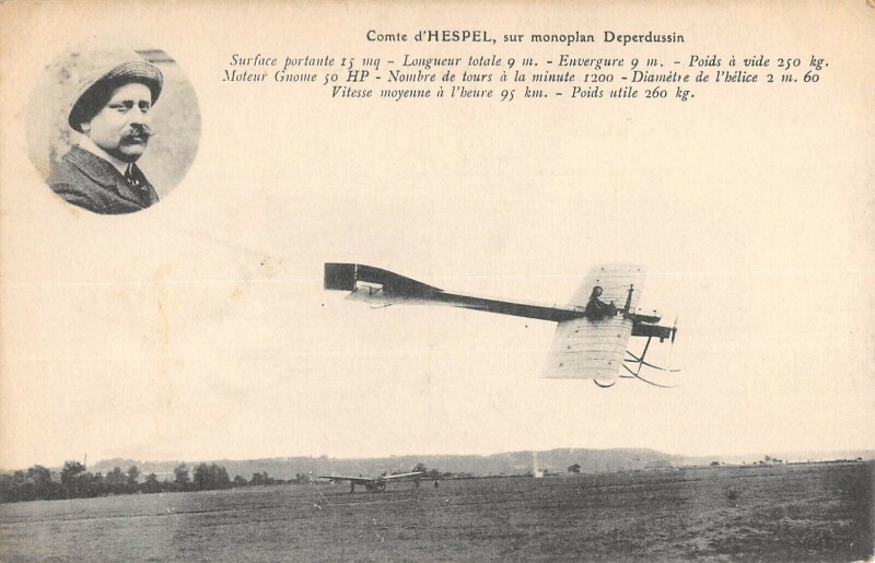 Carte postale ancienne Aviation Comte D'Hespel Sur Monoplan Deperdussin