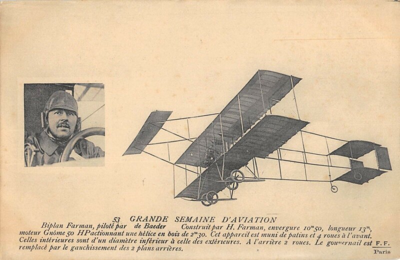 Carte postale ancienne Aviation Grande Semaine D'Aviation Biplan Farman Pilote Par De Baer