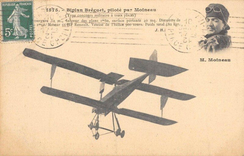 Carte postale ancienne Aviation Biplan Breguet Pilote Par Moineau