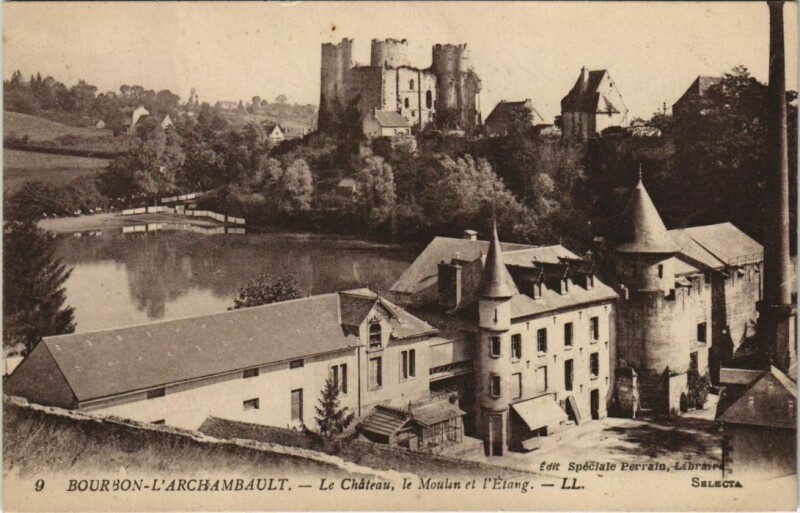 Carte postale ancienne Bourbon-l'Archambault Le Chateau - Le Moulin et l'Etang à Bourbon-l'Archambault