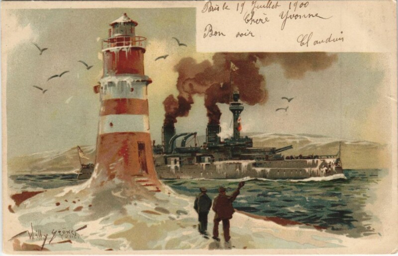 Carte postale ancienne Warship and a Lighthouse - Litho Ships