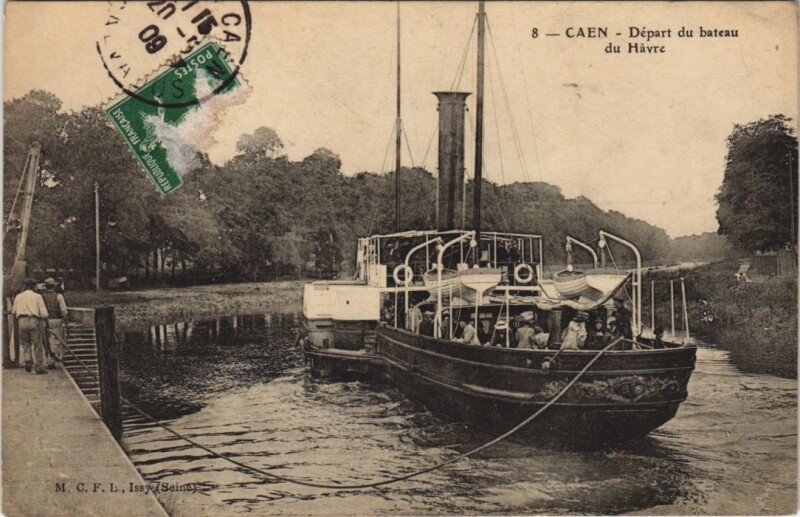 Carte postale ancienne Caen Depart du Bateau du Havre