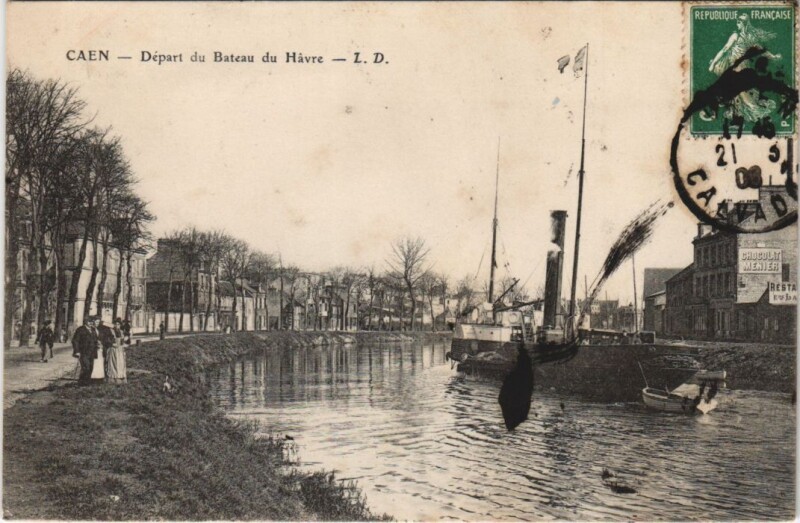 Carte postale ancienne Caen Depart du Bateau du Havre