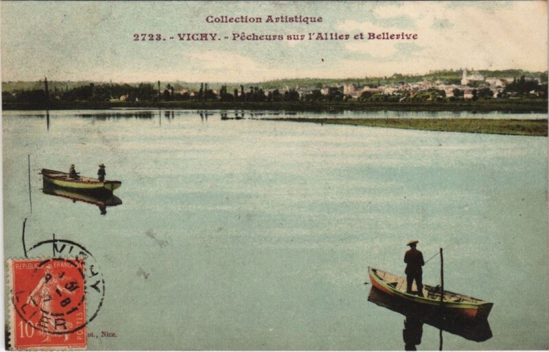 Carte postale ancienne Vichy Pecheurs sur l'Allier et Bellerive à Vichy