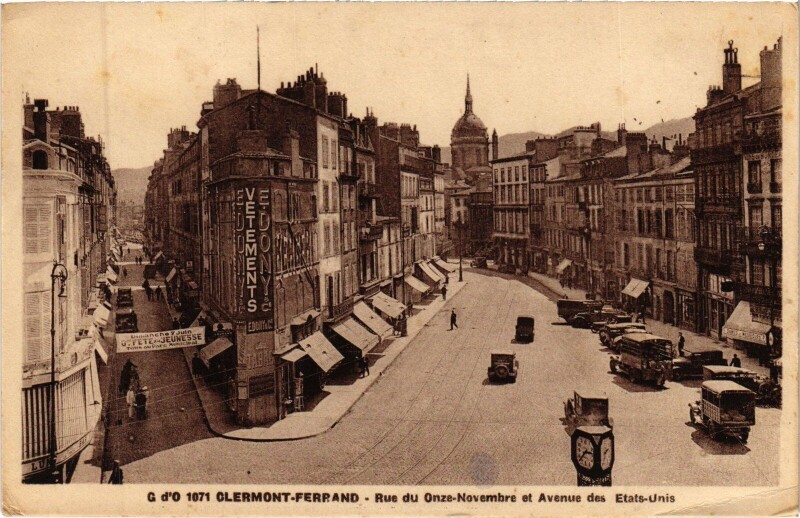 Carte postale ancienne Clermont-Ferrand Rue du Onze-Novembre et Avenue des Etats-Unis à Clermont-Ferrand