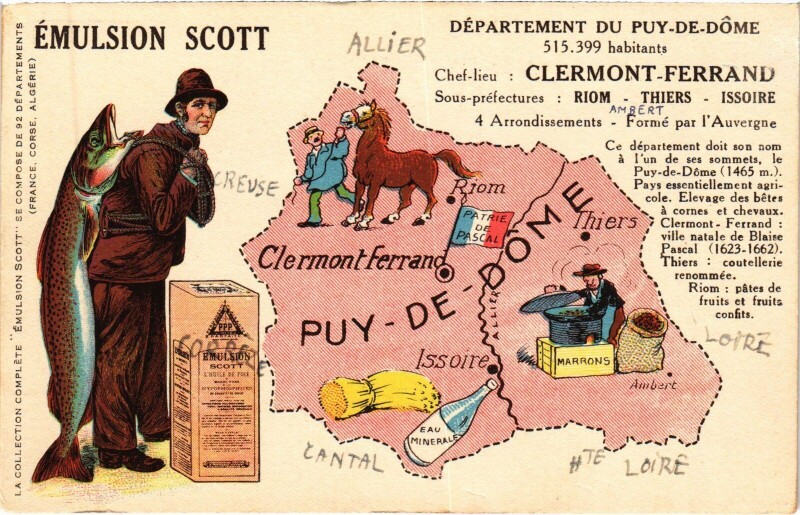 Carte postale ancienne Departement du Puy-de-Dome - Map