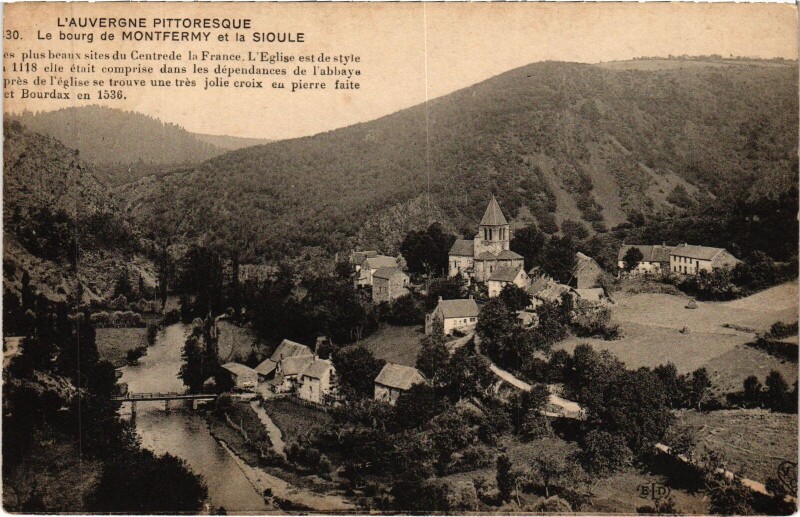 Carte postale ancienne Montfermy Le Bourg de Montfermy et la Sioule à Montfermy