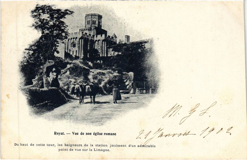 Carte postale ancienne Royat Vue de Son Eglise Romane à Royat