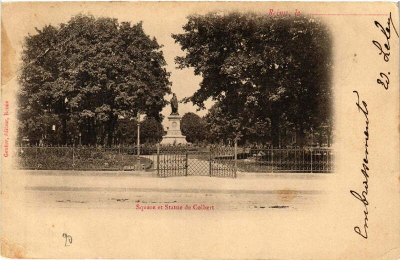 Carte postale ancienne Reims Square et Statue de Colbert à Reims
