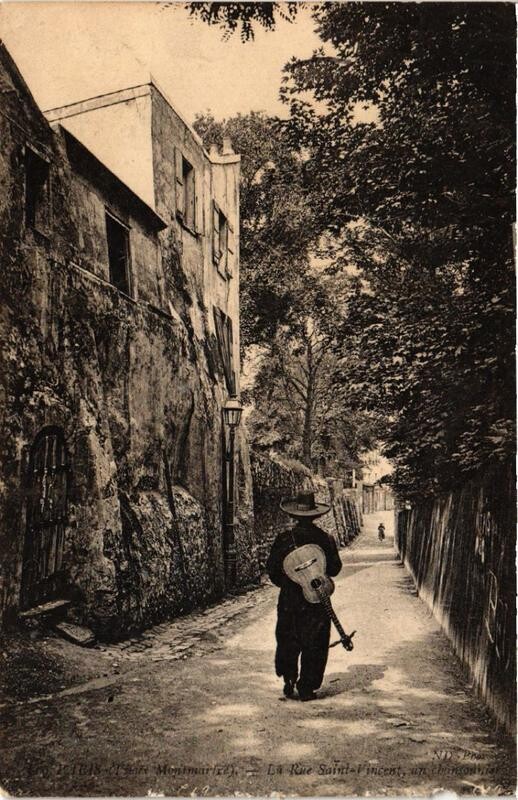 Carte postale ancienne Vieux Montmartre - La Rue Saint-Vincent - Un chansonnier à Paris 18e